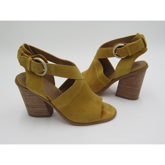 Marc Fisher Block Heel Sandal Yellow Suede Buckle Strap Womens Size 6 Boho - Picture 4 of 16